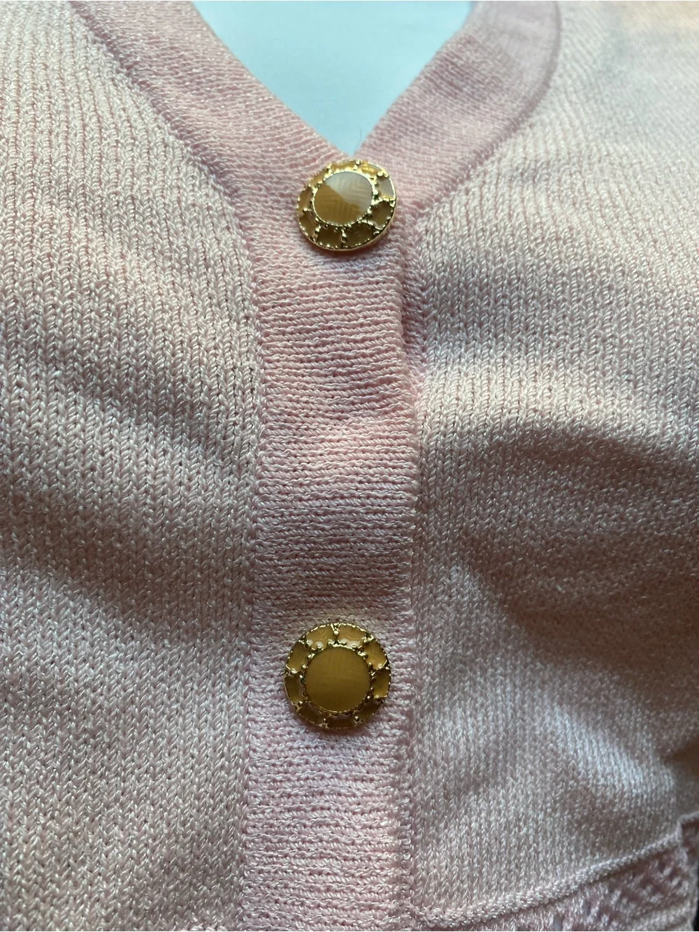 St. John Collection Soft Pink Openwork V-Neck Cardigan with Gold Buttons